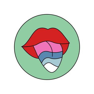 Kırmızı dudak ve psikedelik dilin muhteşem yuvarlak yapıştırması dalgalı çizgiler vektör illüstrasyonuyla ortaya çıkıyor.
