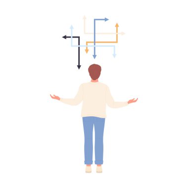 Farklı yönlerde birçok okun önünde duran adam, dikiz vektör illüstrasyonu