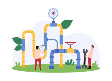 Gaz ve petrol boru hattı güvenlik denetimi, kimya endüstrisi denetimi. Bakım servisinin küçük insanları boruları ve vanaları kontrol edin, fabrika sistemi karikatür vektör ilülasyonunda kontrol basıncı