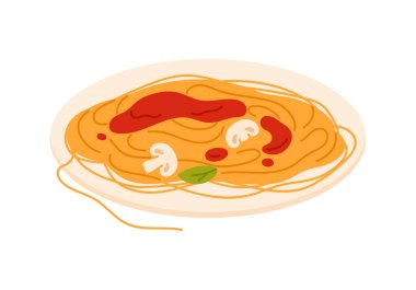 Spaghetti with tomato sauce and mushroom, pasta disappears while eating vector illustration