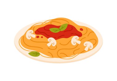 Bir tabak vejetaryen makarna, domates soslu spagetti, fesleğen yaprağı ve mantar dilimleri vektör çizimi.