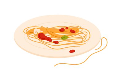 Tabak vektör illüstrasyonundan domates soslu spagetti, fesleğen ve mantar yemek.