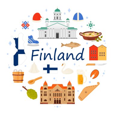 Finlandiya 'ya seyahat, Laponya' nın kültür unsurları ve karı, Helsinki 'nin simgeleri ve yuvarlak bilgi pankarında bulunan yiyecekler. Finlandiya Ulusal Tiyatrosu ve Kantele, ahşap kova çizgi film çizimi