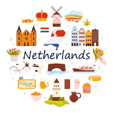 Hollanda kültür unsurları ve Amsterdam 'ın simgeleri, Hollanda bayrağı ve haritası yuvarlak bilgi pankartıyla. Laleler ve bisiklet, rüzgar değirmeni ve peynir, daire şeklindeki vektör illüstrasyonunda takunyalar.