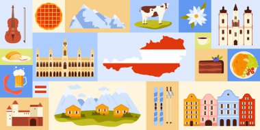 Avusturya 'nın eşsiz kültür vektörü illüstrasyonunu temsil eden büyüleyici manzaralarla birlikte çeşitli ve büyüleyici sembolleri araştırın.