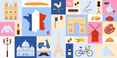 Fransız simgelerini ve yiyecek, mimari ve semboller gibi kültürel unsurları vurgulayan vektör çizimi. Fransa 'nın eşsiz kimliğini temsil ediyor.