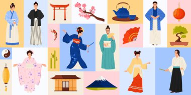 Geleneksel Japon giyiminin, zengin kültürünün ve ikonik semboller vektör çiziminin güzelliğini vurgulayan renkli bir kolaj. Japon ulusal kimliğini temsil ediyor..