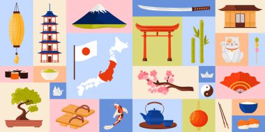 Geleneksel kültür amblemleri, çanaklar ve simgelerle Japonya 'ya seyahat edin. Fuji Dağı manzara ve tapınaklar, samuray savaşçı kılıcı ve bonsai ağacı çizim çizimi