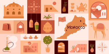 Fas kültür unsurları ve geniş geometrik çağdaş posterde Arap eski mimarisi. Fas minimalist manzarasının estetik çöl evi ve palmiye ağaçları, çömlek karikatürü vektör çizimi