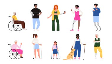 Farklı engelli grupları olan farklı insanlar, sosyal katılımlar. Özel ihtiyaçları olan erkek ve kadın, tekerlekli sandalyedeki erkek ve kadın karakterler, protez vektör çizimi