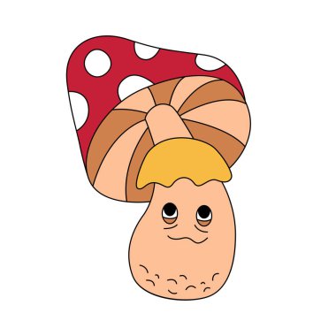 Groovy psychedelic magic mushroom character, fly agaric with trippy face and hat vector illustration clipart