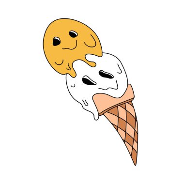 Waffle koni vektör illüstrasyonunda hayali çarpık yüzlü harika erimiş dondurma kepçeleri.
