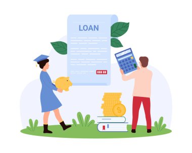 Üniversite veya üniversite masrafları ve mezuniyet, diploma yatırımları, öğrenci kredileri. Tasarruf ve hesap makinesi karikatür çizimi ile kumbarayı elinde tutan küçük insanlar.