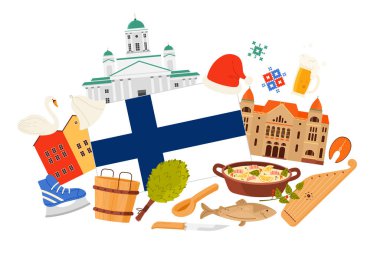 Finlandiya 'ya seyahat seti, kültür ve geleneksel süs eşyaları, bilgi kolajı afişlerinde yiyecek ve simgeler. Fin bayrağı ve binaları, somon ve kuğu, spa sauna öğeleri vektör illüstrasyonu