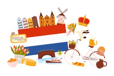 Hollanda 'ya seyahat, Hollanda kültür unsurları ve bilgi kolajında Hollanda' nın ünlü simgeleri. Amsterdam 'ın eski binaları ve şehir kanalı, laleler ve değirmen, peynir çizgi film çizimi