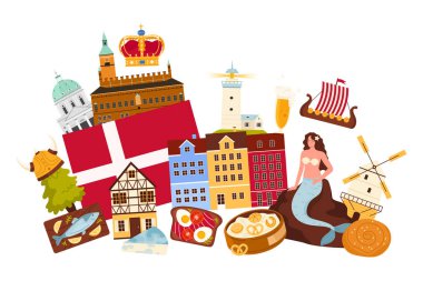 Danimarka 'ya seyahat, ulusal kültür ve yiyecek, bilgi kolajının dönüm noktası. Danimarka ülkesinin turistler, bayrak ve denizkızları için ünlü unsurları, Kopenhag çizgi film çizim resimlerinin renkli evleri