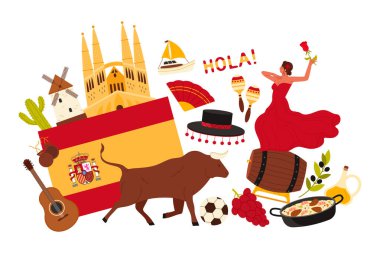 İspanya 'ya seyahat, İspanyol kültür unsurları ve simgeleri, kızın flamenko dansı ve bilgi kolajındaki yiyecekler. İspanya ve Sagrada Familia bayrağı, şarap fıçısı ve karikatür vektör çizimi