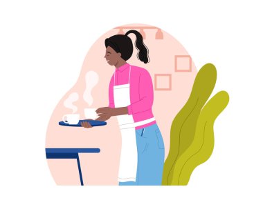 Garson kafede kahve tepsisi taşıyor. Önlüklü kadın müşteri siparişi illüstrasyonunu tutuyor.