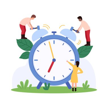 Ekip üyeleri dev bir çalar saati ayarlamak için birlikte çalışıyorlar. Zaman yönetimi ve takım çalışması vektör illüstrasyonunu simgeler.