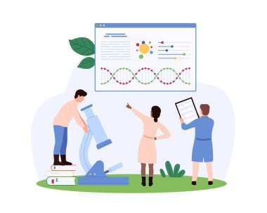 Tıbbi araştırmacılar DNA analizi yapıyor. Biri mikroskop, diğeri DNA verisi olan bir ekrana işaret ederken, üçüncüsü ise gözlem vektör illüstrasyonunu kaydediyor..