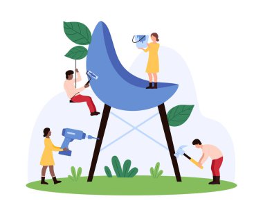 Mobilya imalatıyla uğraşan kişiler, çeşitli araçlar kullanarak parçaları birleştirir ve inşa ederler, işbirliği, işçilik, verimli üretim süreci vektör çizimi