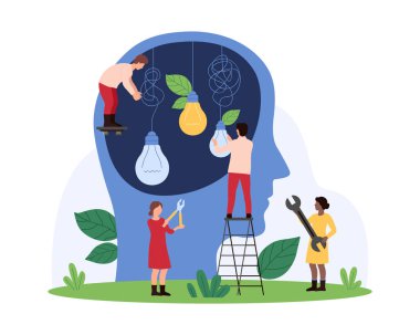 Problemi çözmek için yaratıcı fikir, çözüm süreci sadeleştirme. Küçük insanlar insan kafasının içindeki kablolara asılmış bozuk düğümlerle karanlık ampulleri onarırlar. Düşünceleri karikatür vektör çizimlerini yükseltirler.