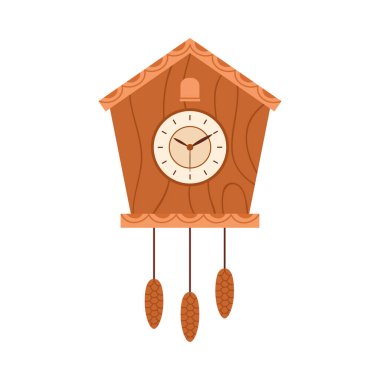 Cute antique wall clock with cuckoo, hanging pine cone pendulums vector illustration clipart