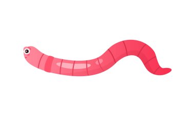 Kompost içinde solda sürünen sevimli pembe solucan, böcek larvası bükme vektörü çizimi