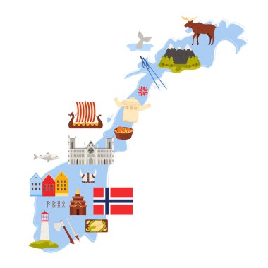 Norveç 'e seyahat seti, kültür elementleri ve simgeler, bilgi haritasında yiyecek. Nidaros Katedrali ve Urnes Stave Kilisesi, Bergen geleneksel evleri, Norveç bayrağı, elk karikatür vektör çizimi