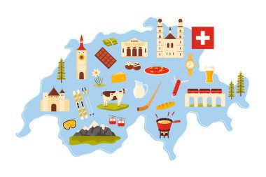 İsviçre 'ye seyahat seti, tarihi mimari eserlerin ve kültür eserlerinin çıkartmaları, bilgi haritasında süt ürünleri ve ekmek. İsviçre bankası karikatür çiziminin ekspresi ve parası