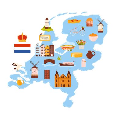 Hollanda kültür unsurları, sınır işaretleri ve Hollanda bilgi haritasındaki yiyecekler. Amsterdam şehri kanal, tekne ve miras mimarisi, lale sahası ve şirin buketi, peynir çizgi film çizimi