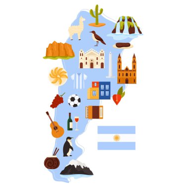 Arjantin kültürü, doğa ve mimari simgeleri, hayvanlar ve futbol unsurları Arjantin 'in bilgi veren ülke haritasında. Güneş, börek ve şarap karikatürü çizimi olan Arjantin bayrağı