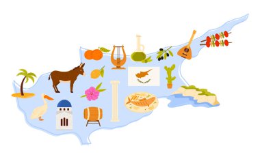 Travel to Cyprus set, culture and landmark, food stickers on infographic map. Cape Greco, column and old monastery building, guitar and lute, orange and lemon harvest cartoon vector illustration clipart