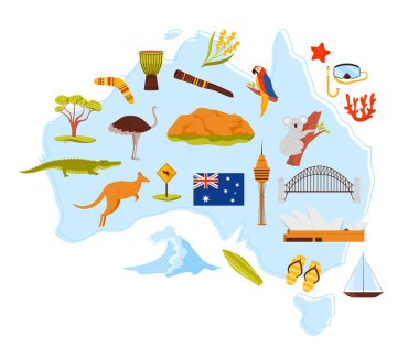 Avustralya 'ya seyahat, mimari işaretleri ve vahşi yaşam, bilgi ülke haritasında etnik kültür unsurları. Sydney opera binası, dağ manzarası, papağan ve kanguru çizgi film çizimi