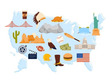ABD 'ye seyahat, kültür unsurları, mimari ve doğa simgelerinin yer aldığı bir poster tasarımı. Doğa ve yiyecek, Amerika Birleşik Devletleri 'nin ünlü binaları çizgi film vektör illüstrasyonu