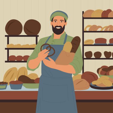 Satıcılı fırın, içinde ekmek ve turta olan dükkan, kurabiye, raflarda ve masada çörek. Sakallı profesyonel fırıncı, elinde bir torba pişmiş malın çizgi film çizimi illüstrasyonuyla tezgahta duruyor.