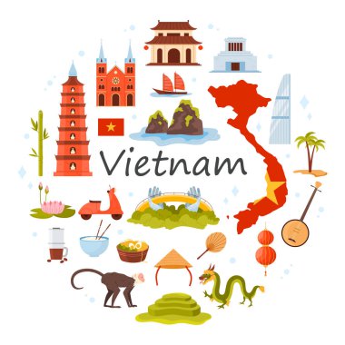 Vietnam seti, kültür unsurları ve simgeler, yuvarlak bilgi pankartıyla yiyecekler. Ülke haritası ve bayrağı, Ho Chi Minh Anıtmezar, Pho Erişte çorbası, Saigon Katedrali çizgi film çizimi
