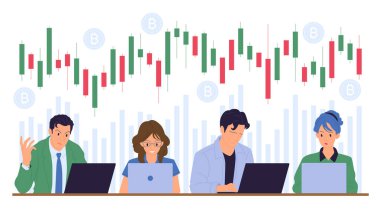 Mutlu ve üzgün Bitcoin yatırımcısı, kripto para piyasasında kaybet ya da kazan. Dizüstü bilgisayarında aşağı yukarı mum çubuğu grafiği olan karakterler, simsarlar için kötü ya da iyi grafik çizimi çizimi