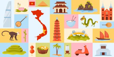 Vietnam 'a seyahat, geometrik afiş tasarımı Vietnam kültürü, dönüm noktaları ve yiyecek. Ülke bayrağı ve geleneksel gıda, mimari ve Vietnam çizgi film çizimleri içeren bir harita.