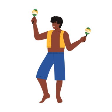 A lively illustration shows a joyful man dancing energetically with maracas, celebrating rich cultural rhythm clipart