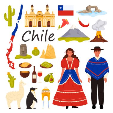 Travel to Chile set. Chilean man and woman in traditional clothes, hat with ethnic pattern made of alpaca wool, empanadas and avocado, nature and architecture landmark cartoon vector illustration clipart