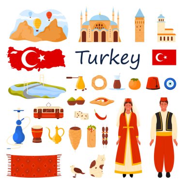 Türkiye 'ye seyahat ayarlandı. Türk halkı ve İstanbul yemek menüsü, harita ve ülke bayrağı, kültür unsurları ve ünlü tarihi simgeler, Kapadokya kayaları ve çizgi film çizimi