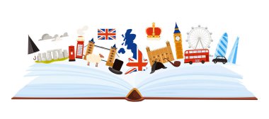 Büyük Britanya Birleşik Krallığı 'na seyahat, açık rehber kitap ve kültür öğeleri içeren bilgi kolajı, sayfa üzerinde simgeler. Bayrak, kırmızı telefon kulübesi ve otobüs karikatürü vektör illüstrasyonlu harita