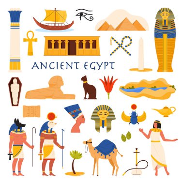 Mısır 'a seyahat seti. Antik kültür ve mimari eserleri çıkartmalar, tanrılar Anubis ve Horus, Böcek böceği ve Nil Nehri manzarası, Sfenks ve firavun karikatür vektör resimlerinin mumyası.