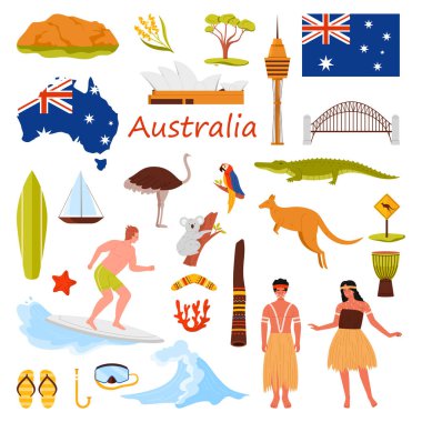 Travel to Australia set. Sydney Harbour Bridge and Opera House, Australian Aboriginal people and famous culture elements, Australian Alps and animals, surfer on surfboard cartoon vector illustration clipart