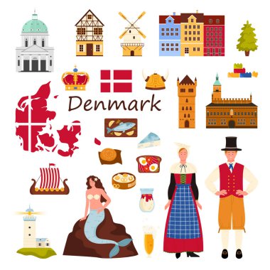 Danimarka 'ya seyahat, ünlü kültür unsurları ve simgeler belirlendi. Rosenborg Kalesi ve Kopenhag Frederiks Kilisesi, Viking teknesi, harita ve bayrak, ulusal kostümlü Danimarkalılar, vektör çizimleri.