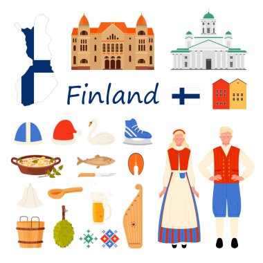 Finlandiya 'ya seyahat ayarlandı. Geleneksel giyimli ve ülke bayrağı desenli haritalı insanlar, Finlandiya Ulusal Tiyatrosu ve Helsinki Katedrali, kış şapkası ve patenleri, kantele çizgi film vektör çizimleri
