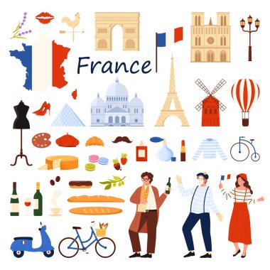 Fransa 'ya seyahat ayarlandı. Fransız ekmeği ve şarap şişesi, pandomim ve balon, Paris 'in yemek menüsü, ülkenin haritası ve bayrağı, Fransız kültür unsurları ve ünlü karikatür vektör çizimi