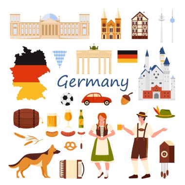 Almanya 'ya seyahat ayarlandı. Oktoberfest festivali, sosis ve kraker, kereste çerçeve binası ve Neuschwanstein sarayı, bira ve köpek çizgi film çizimleri için ulusal kostümler içindeki Alman halkı