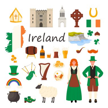 İrlanda 'nın kültür unsurları, yiyecek ve içecek, Aziz Patrick Günü seti. Geleneksel giysili İrlandalılar, arp ve gayda, yeşil yonca, şapka ve cüce çizim çizimleri